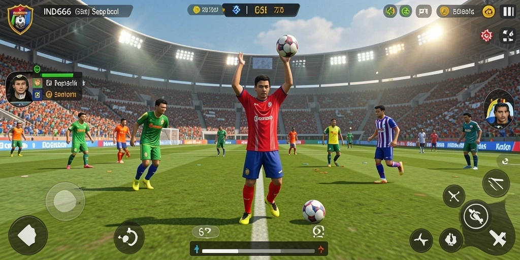 Tangkapan layar gameplay <strong>IND666</strong> yang menampilkan aksi penuh di lapangan sepak bola.