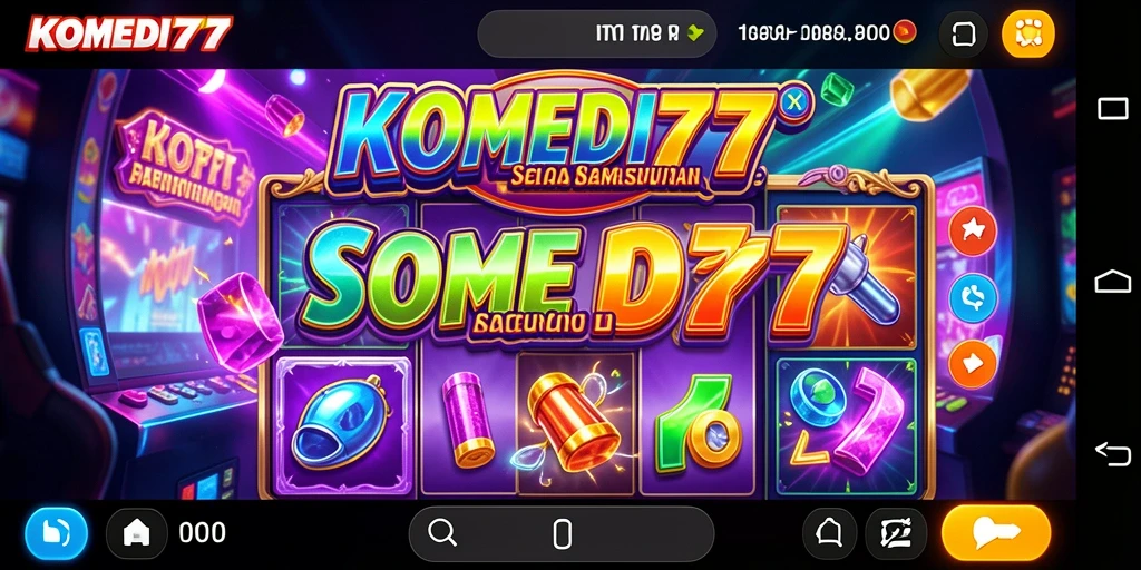 Tangkapan layar gameplay KOMEDI77 yang menampilkan gulungan slot dan simbol menarik.