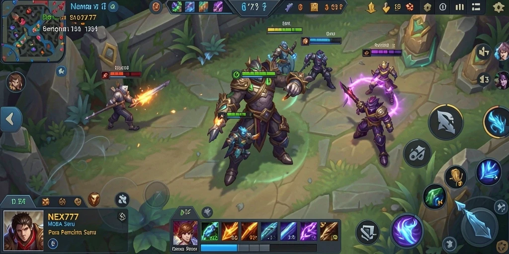 Tangkapan layar NEX777 menampilkan aksi duel seru dalam permainan MOBA.