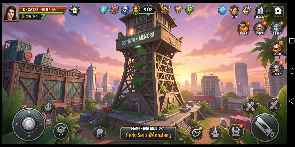 Screenshot gameplay ORCA128 menunjukkan aksi menara bertahan dengan intens.