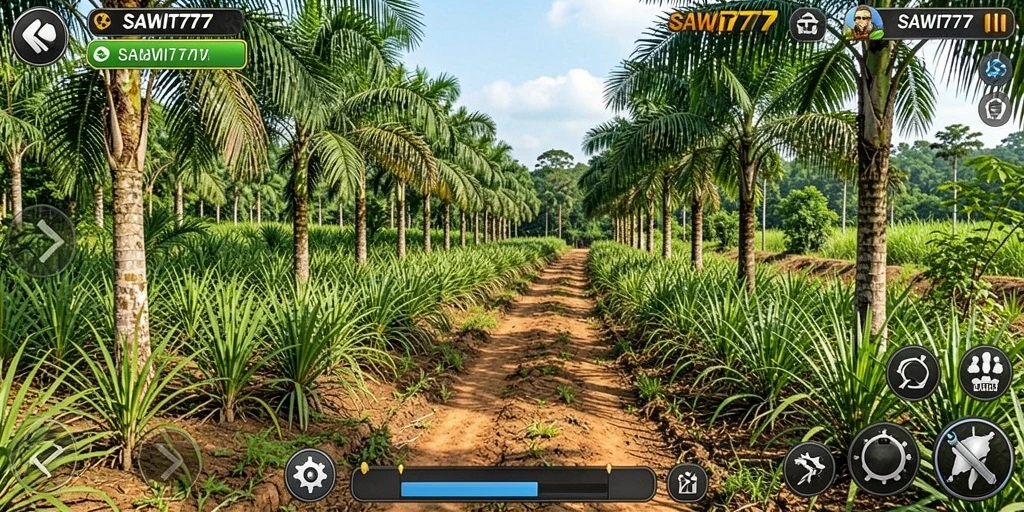 Tampilan gameplay SAWIT777 dengan latar kebun sawit yang indah.