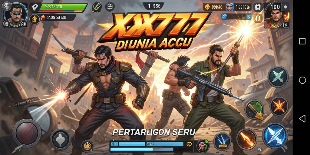 Screenshot menunjukkan pertarungan mendebarkan dalam game Action XXX777.